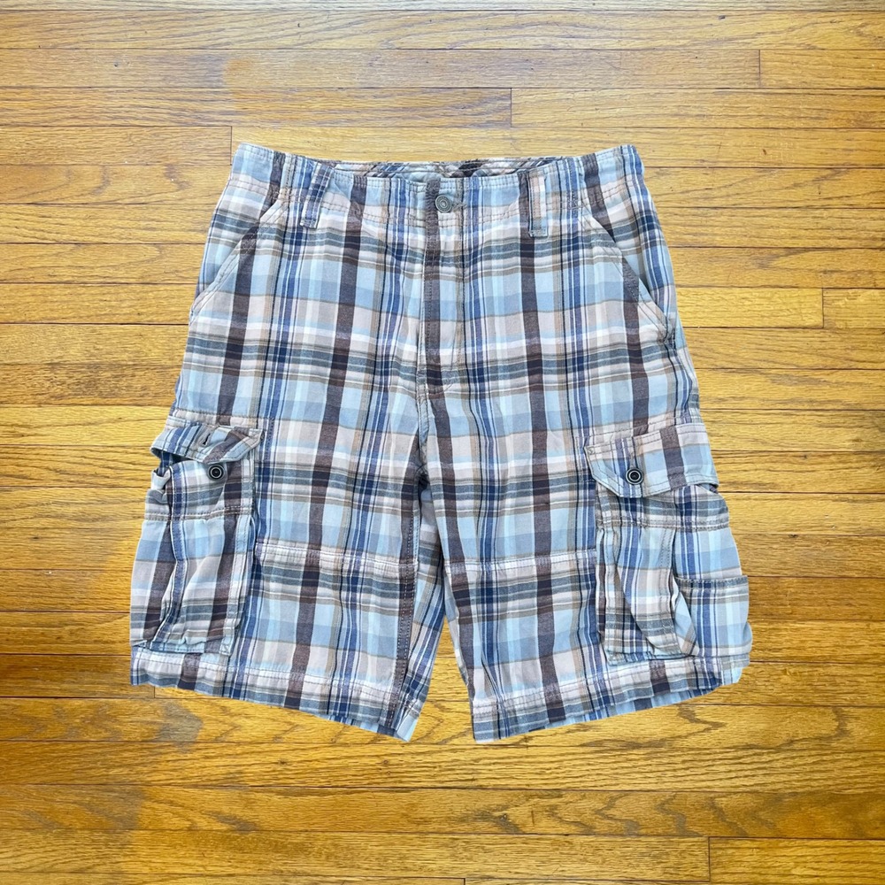 Levis Mens Plaid Cargo Shorts Blue Brown Tan Cotton Size 30